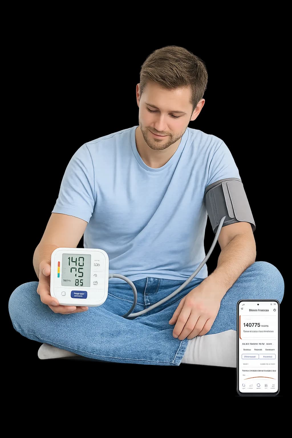 A man wearing a blood pressure cuff and holding a monitor beside a phone showing his blood pressure readings.