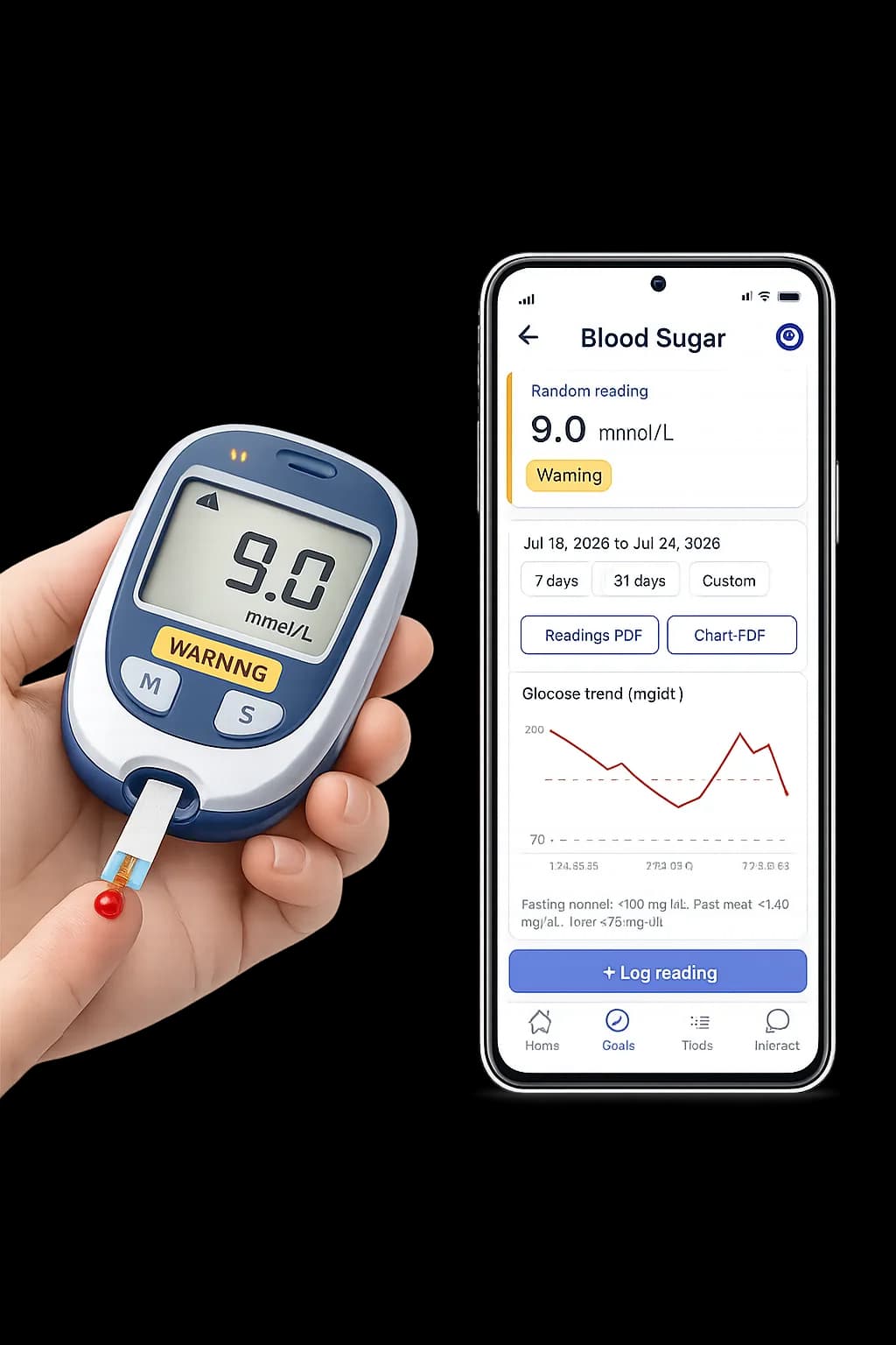 A hand holding a blood glucose meter beside a phone showing the blood sugar tracking screen.