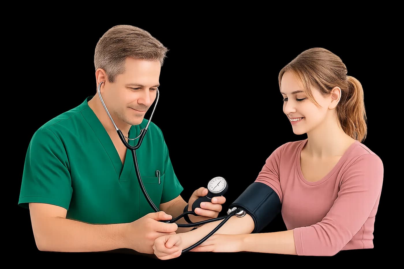 A healthcare professional measuring a patient's blood pressure with a cuff and stethoscope.