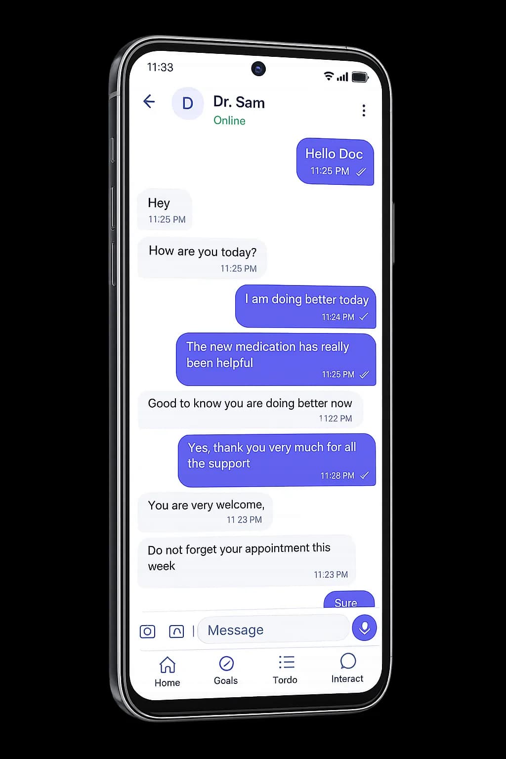 A phone showing a private chat conversation within the app.