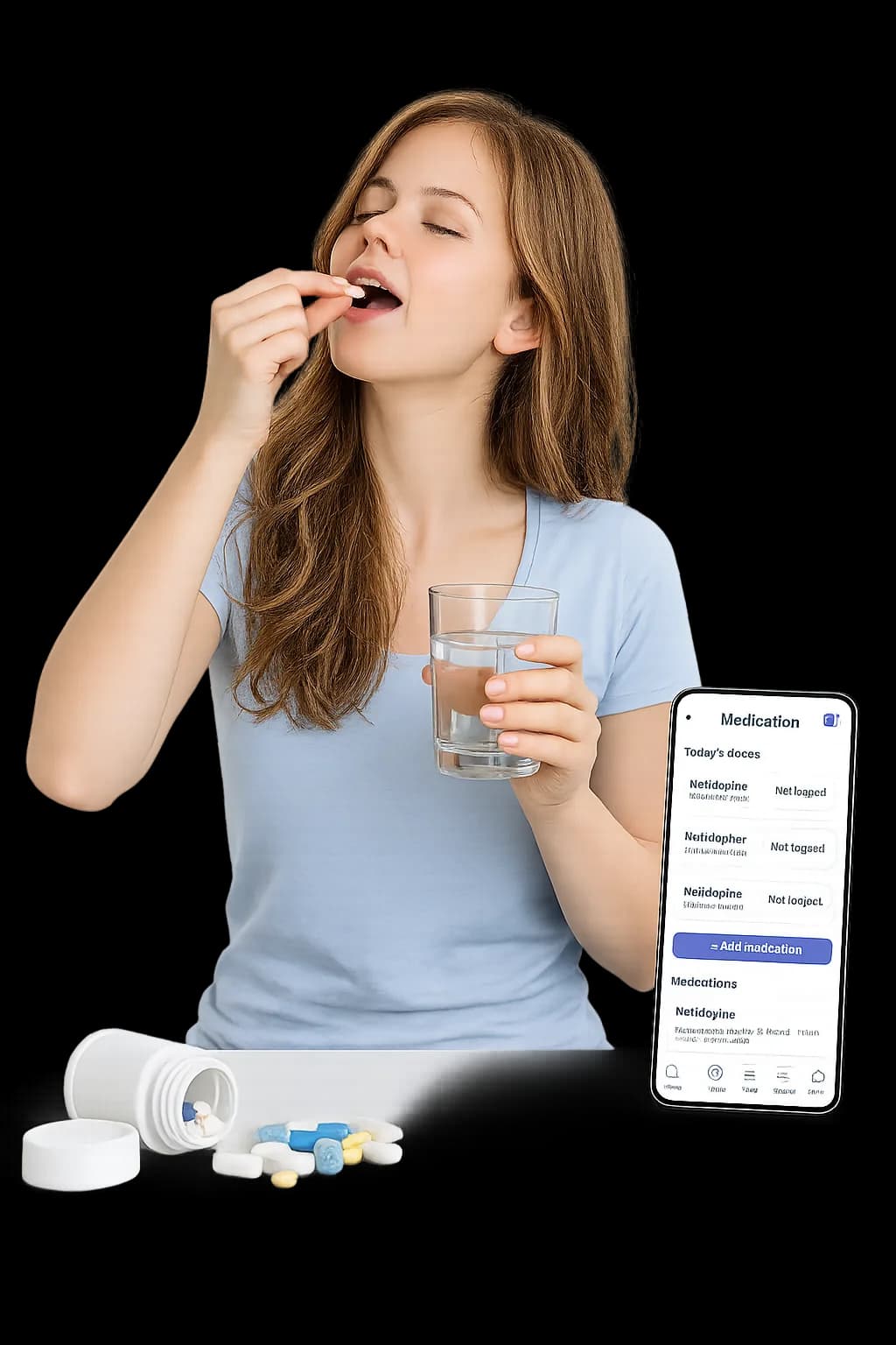 A woman taking a tablet with a glass of water beside a phone showing her medication schedule.