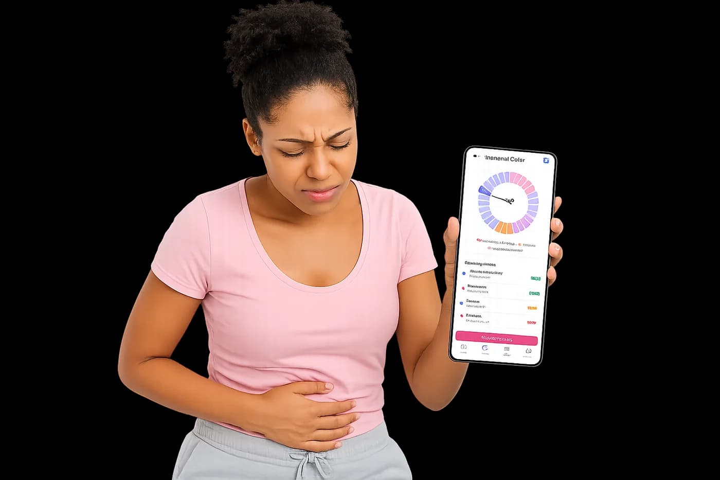A woman holding her abdomen while viewing her cycle on a phone.