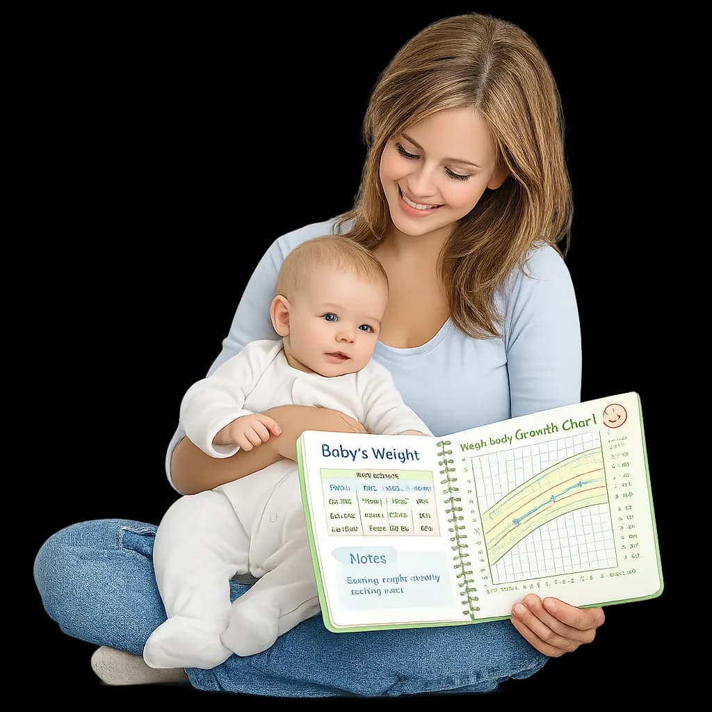 A mother holding her baby while reviewing a growth chart.