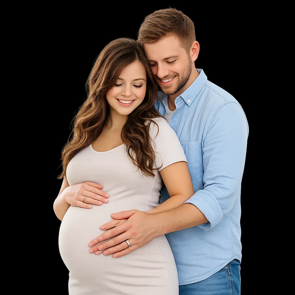 An expectant couple holding the mother's baby bump.